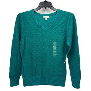 STUDIO WORKS Women's V-Neck Long Sleeve Morrccante ‘Teal’ Cotton Sweater, LARGE